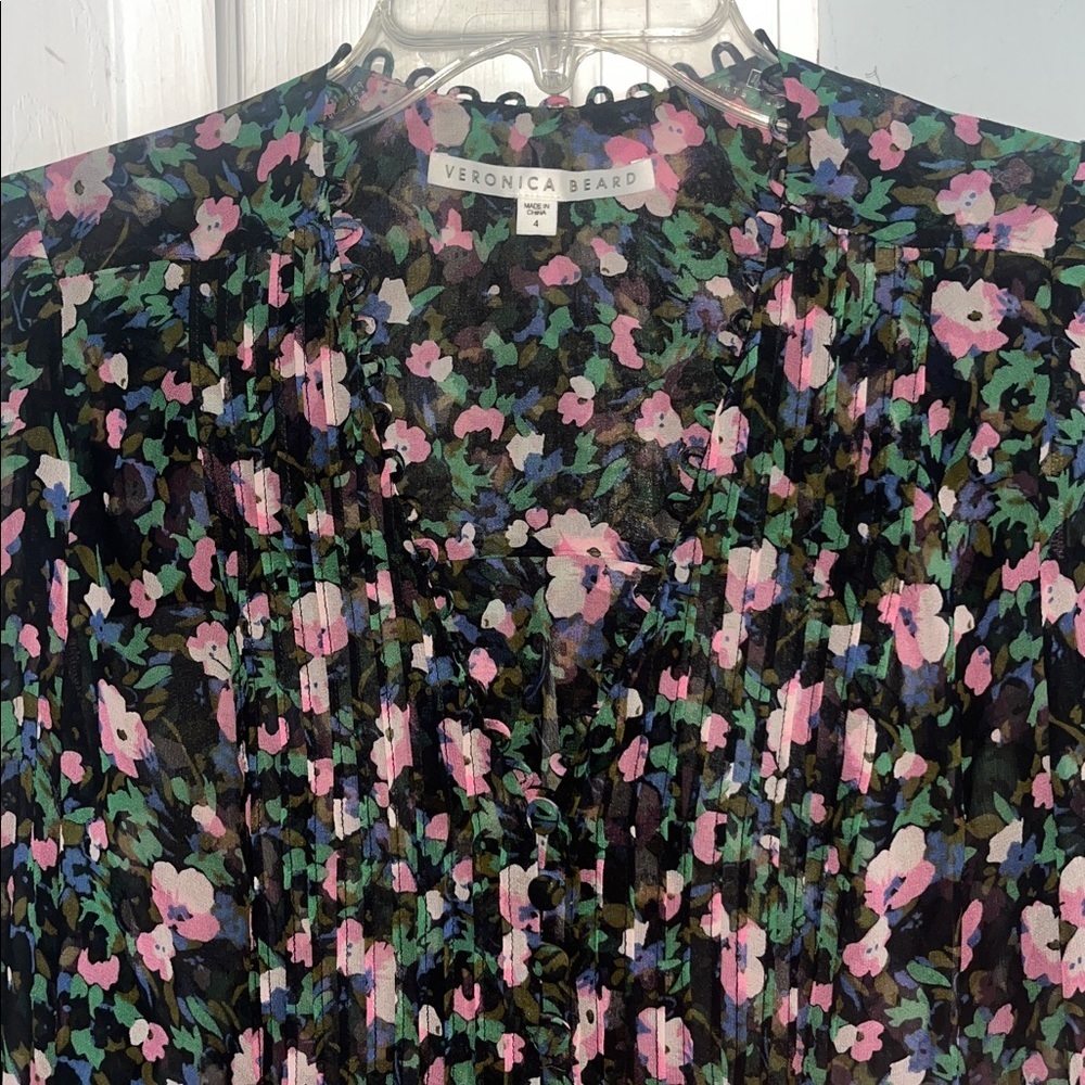 Veronica Beard Lowell Blouse- Floral Sheer 100% Silk Blouse - Black and Pink - Picture 4 of 10
